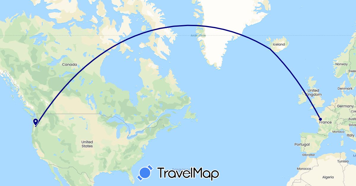 TravelMap itinerary: driving in France, Iceland, United States (Europe, North America)